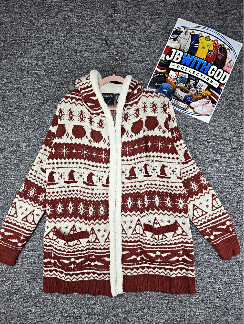 Harry Potter Women's Knit Hooded Cardigan Sweater Pockets Fair Isle Burgundy L